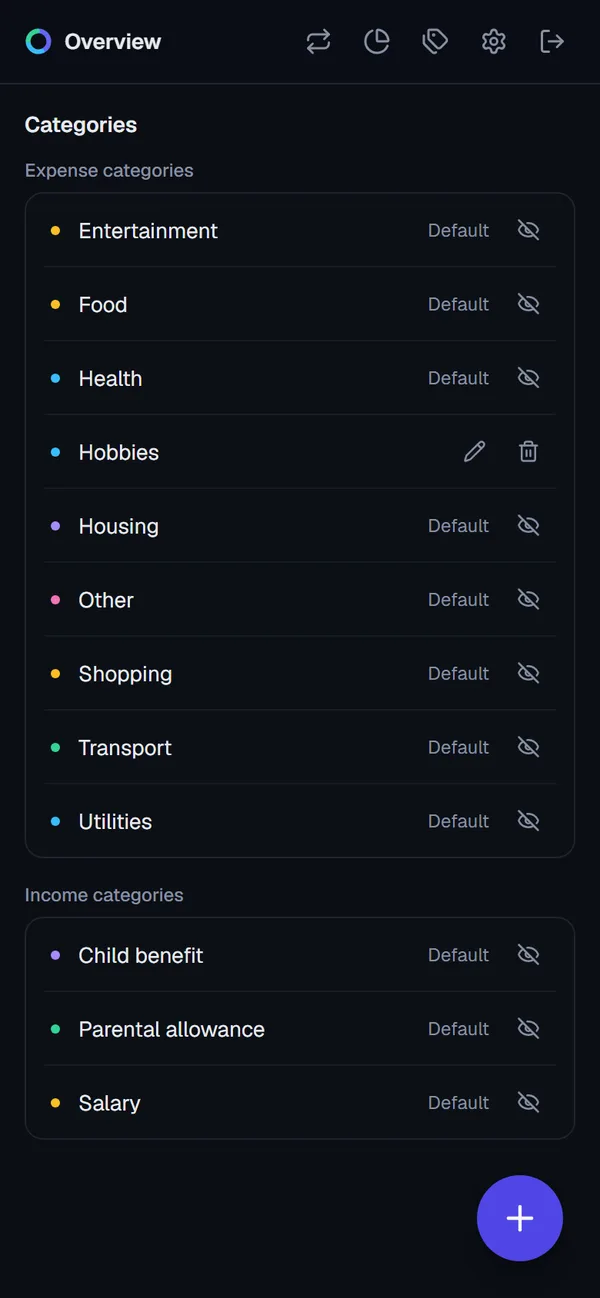 Expense Tracker category list with default and custom expense and income categories.