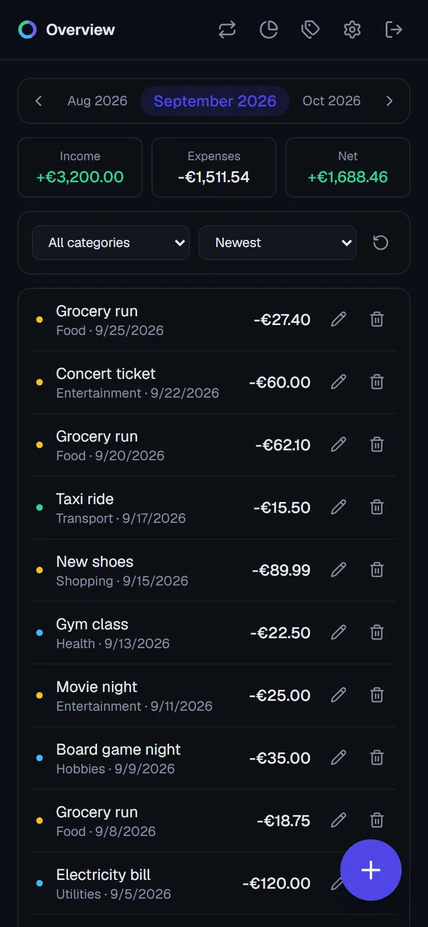 Expense Tracker monthly overview on a phone: income, expenses and net totals above a list of transactions.