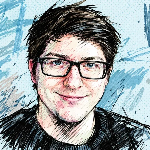 Illustrated portrait of Max: dark hair, black-rimmed glasses, a slight smile.