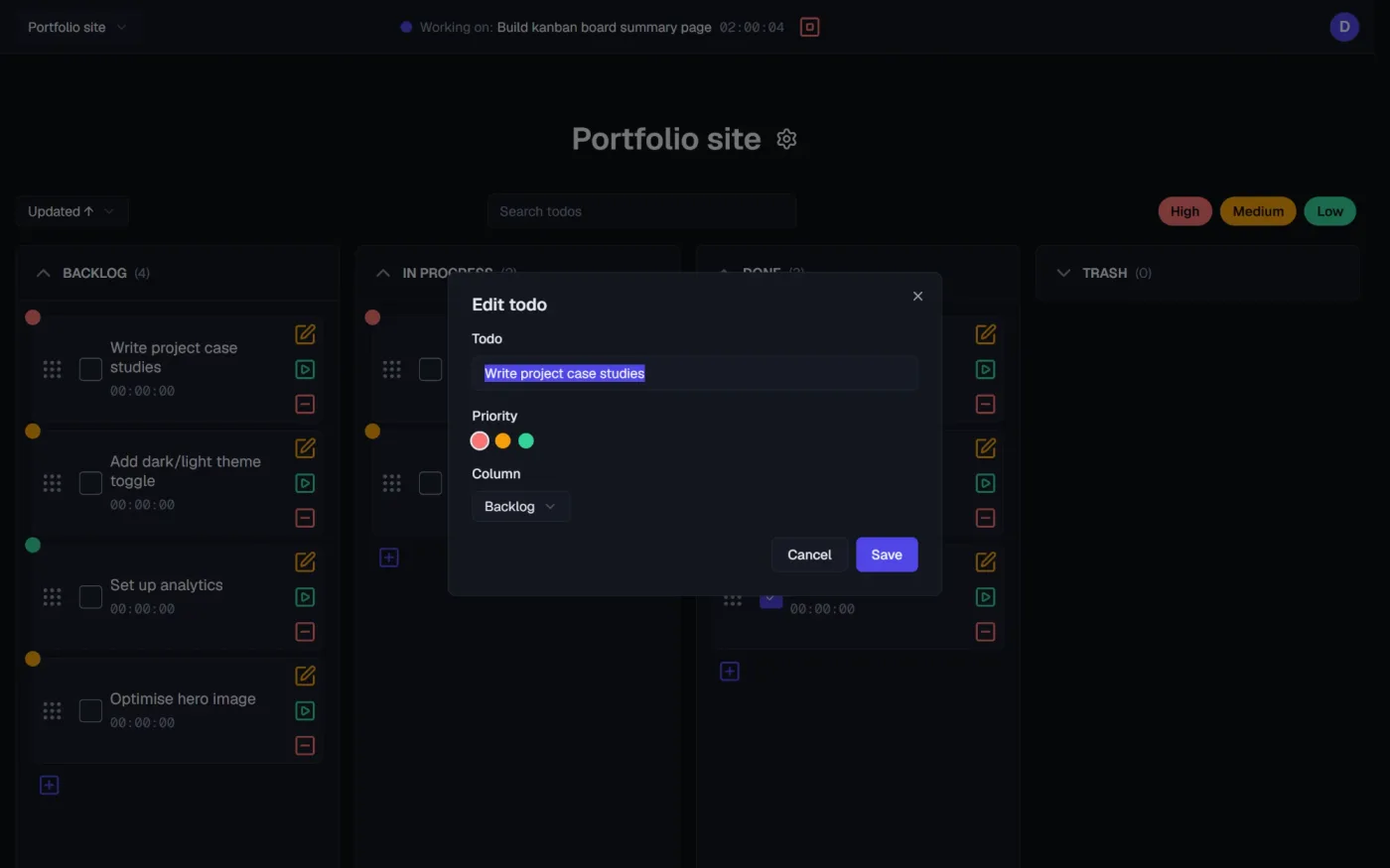 Todo edit dialog with title, priority and column fields.
