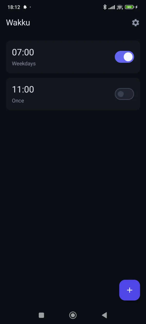 Wakku alarm list with a weekday alarm switched on and a one-time alarm switched off.