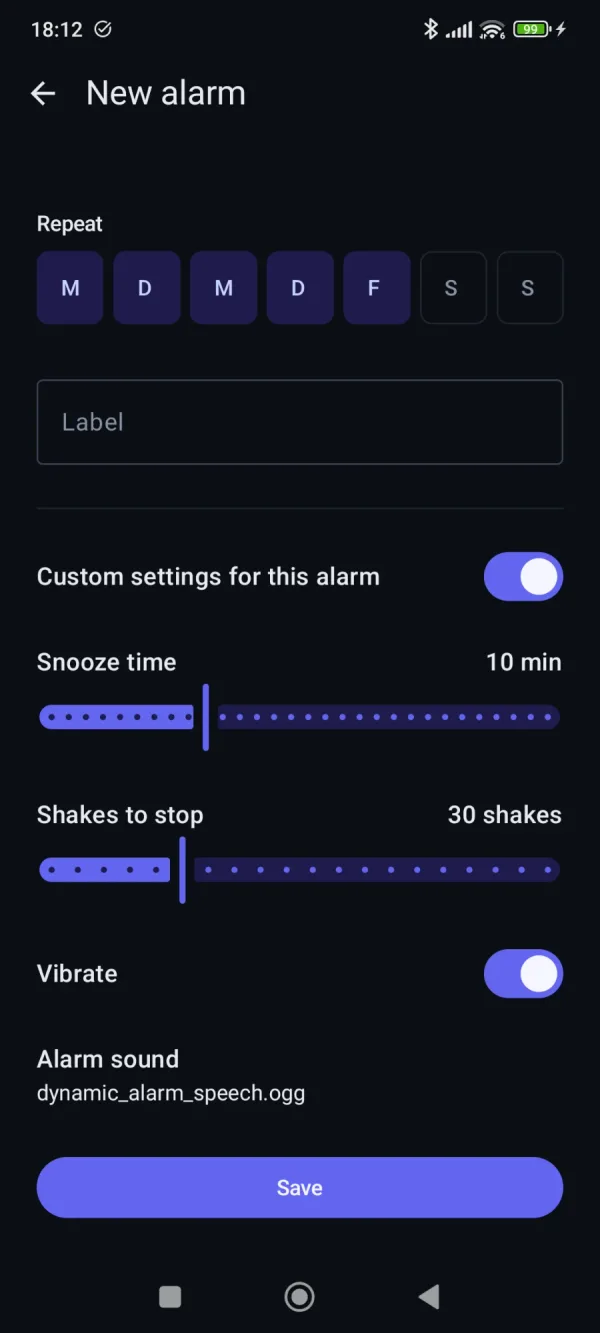 Wakku new alarm screen with repeat days, label, snooze time and shakes to stop.