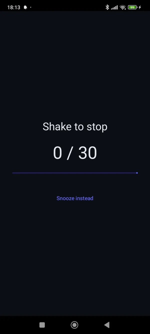 Wakku ringing screen showing Shake to stop with a counter at 0 of 30 shakes.